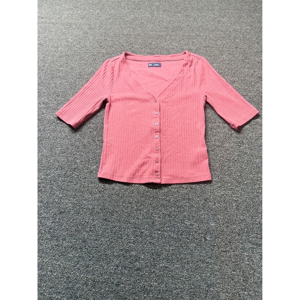 GAP Women Pink Ribbed Button Down V-Neck Cardigan Top XS Short Sleeve Knit